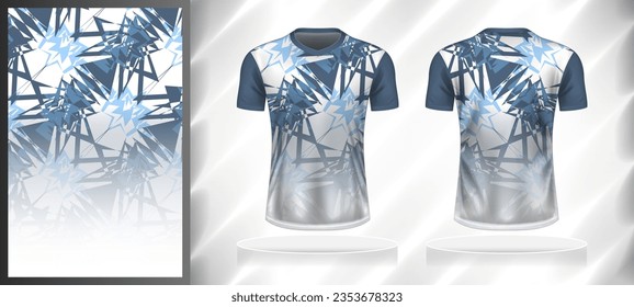 Vector sport pattern design template for V-neck T-shirt front and back with short sleeve view mockup. Shades of blue-grey-white color gradient abstract grunge texture background illustration.