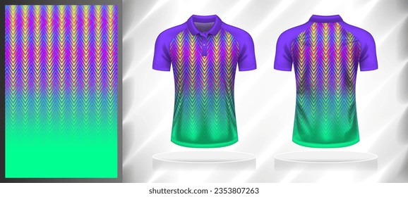 Vector sport pattern design template for Polo T-shirt front and back with short sleeve view mockup. Purple-green-yellow-pink-blue color gradient abstract zigzag line texture background illustration.