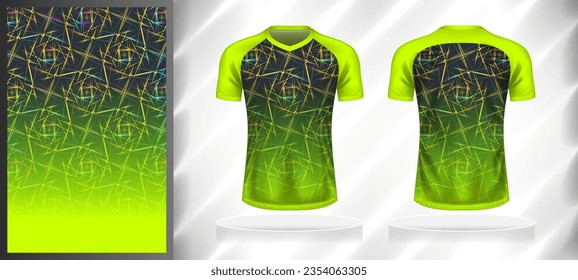 Vector sport pattern design template for V-neck T-shirt front and back with short sleeve view mockup. Shades of green-yellow-gray color gradient abstract grunge texture background illustration.