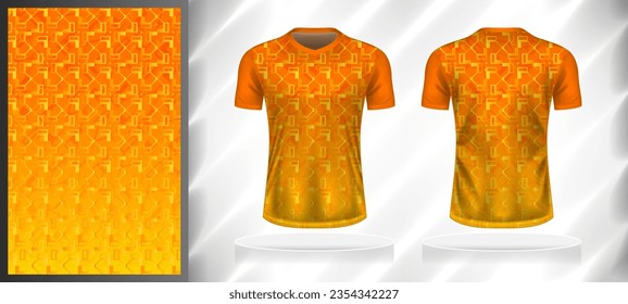 Vector sport pattern design template for V-neck T-shirt front and back with short sleeve view mockup. Shades of orange-yellow color gradient abstract geometric texture background illustration.