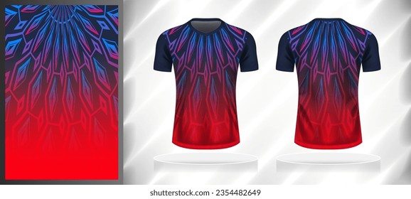 Vector sport pattern design template for V-neck T-shirt front and back with short sleeve view mockup. Dark and light shades of blue-red color gradient abstract geometric line texture background.