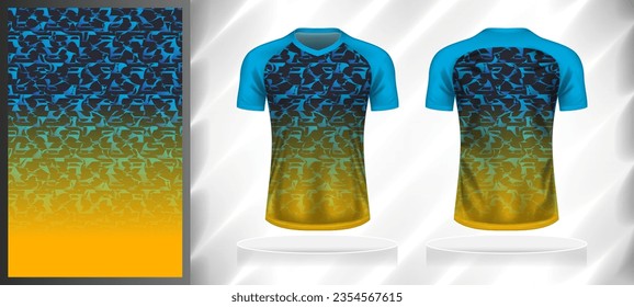 Vector sport pattern design template for V-neck T-shirt front and back with short sleeve view mockup. Dark and light shades of blue-orange color gradient abstract grunge texture background.