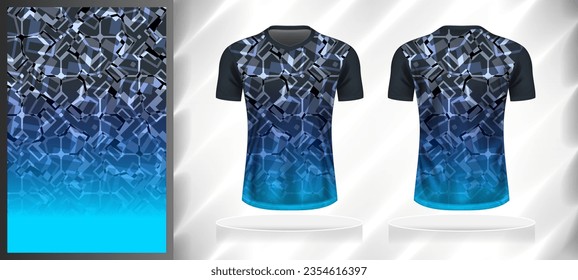 Vector sport pattern design template for V-neck T-shirt front and back with short sleeve view mockup.Dark and light shades of blue with grey-black color gradient abstract geometric texture background.