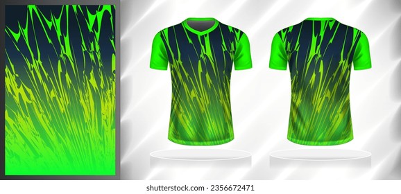 Vector sport pattern design template for V-neck T-shirt front and back with short sleeve view mockup. Shades of green-yellow-blue color gradient abstract grunge texture background illustration.