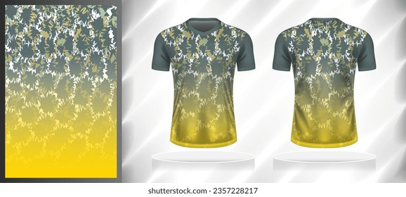 Vector sport pattern design template for V-neck T-shirt front and back with short sleeve view mockup. Shades of grey-yellow color gradient abstract grunge texture background illustration.