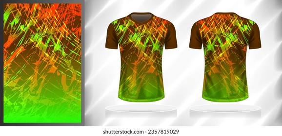 Vector sport pattern design template for V-neck T-shirt front and back with short sleeve view mockup. Shades of brown-orange-green-yellow color gradient abstract grunge texture background.