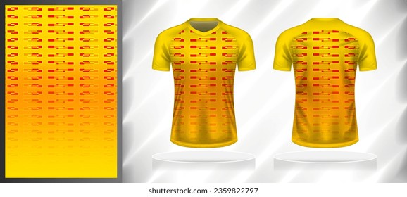 Vector sport pattern design template for V-neck T-shirt front and back with short sleeve view mockup. Shades of yellow-red color gradient abstract geometric texture background illustration.
