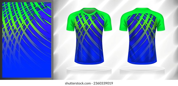 Vector sport pattern design template for V-neck T-shirt front and back with short sleeve view mockup. Shades of green-blue color gradient abstract grunge texture background illustration.