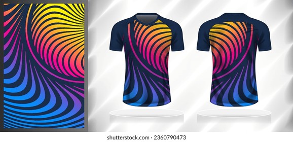 Vector sport pattern design template for V-neck T-shirt front and back with short sleeve view mockup. Shades of blue-pink-yellow color gradient abstract curve line texture background illustration.