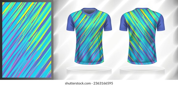 Vector sport pattern design template for V-neck T-shirt front and back with short sleeve view mockup. Shades of blue-purple-green-yellow-pink color gradient abstract line texture background.