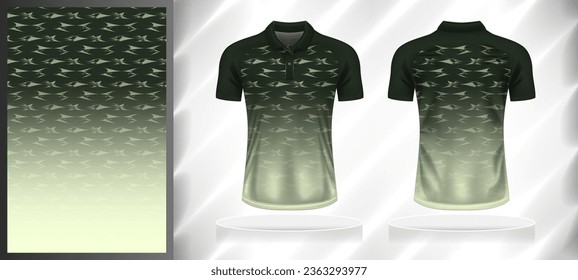 Vector sport pattern design template for Polo T-shirt front and back with short sleeve view mockup. Dark and light shades of green color gradient abstract grunge texture background.