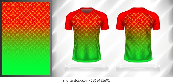 Vector sport pattern design template for V-neck T-shirt front and back with short sleeve view mockup. Shades of red-green color gradient abstract geometric texture background illustration.