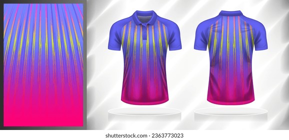 Vector sport pattern design template for Polo T-shirt front and back with short sleeve view mockup. Shades of purple-pink-yellow color gradient abstract line texture background illustration.