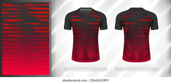 Vector sport pattern design template for V-neck T-shirt front and back with short sleeve view mockup. Shades of grey-black-red color gradient abstract grunge texture background illustration.