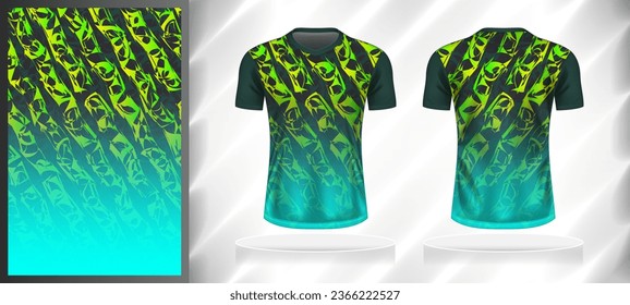 Vector sport pattern design template for V-neck T-shirt front and back with short sleeve view mockup. Dark and light shades of green color gradient abstract grunge texture background illustration.