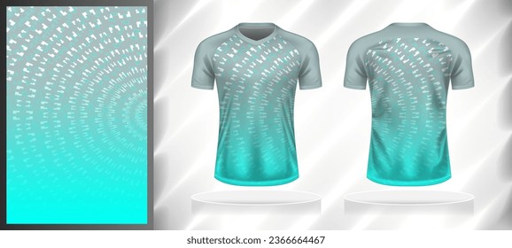 Vector sport pattern design template for V-neck T-shirt front and back with short sleeve view mockup. Shades of grey-blue-white color gradient abstract geometric texture background illustration.