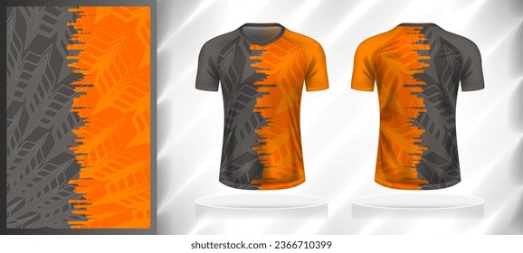 Vector sport pattern design template for V-neck T-shirt front and back with short sleeve view mockup. Dark and light shades of grey-orange color abstract geometric texture background illustration.