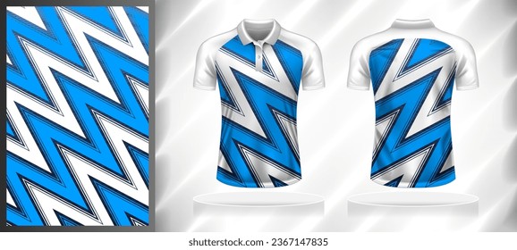 Vector sport pattern design template for Polo T-shirt front and back with short sleeve view mockup. Dark and light shades of blue with white color abstract zigzag texture background illustration.