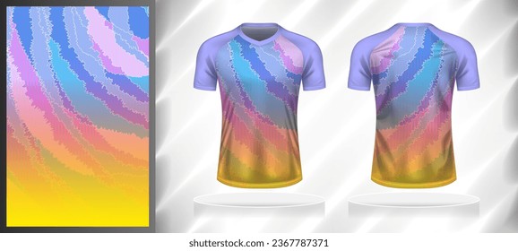 Vector sport pattern design template for V-neck T-shirt front and back with short sleeve view mockup. Shades of blue-purple-pink-yellow color gradient abstract grunge texture background illustration.