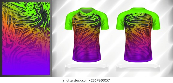 Vector sport pattern design template for V-neck T-shirt front and back with short sleeve view mockup. Green-yellow-orange-pink-purple-grey color gradient abstract grunge texture background.