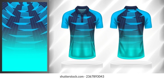 Vector sport pattern design template for Polo T-shirt front and back with short sleeve view mockup. Dark and light shades of blue color gradient abstract geometric line texture background.