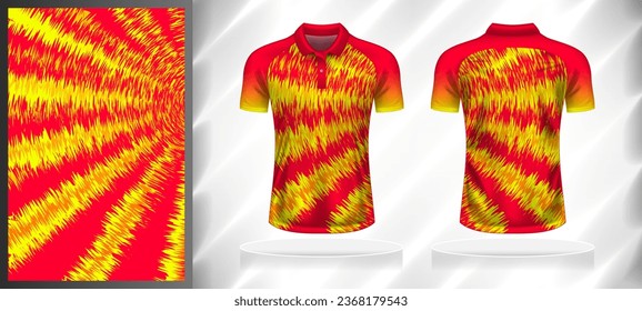 Vector sport pattern design template for Polo T-shirt front and back with short sleeve view mockup. Shades of red-orange-yellow color abstract grunge texture background illustration.