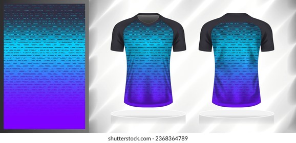 Modelo de diseño de patrones deportivos vectoriales para camisetas de cuello V en frente y espalda con simulación de manga corta. Ilustración del fondo de la textura abstracta de color gris-azul-violeta.