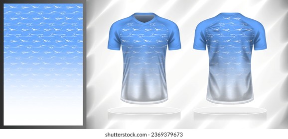 Vector sport pattern design template for V-neck T-shirt front and back with short sleeve view mockup. Blue-white color abstract grunge line texture background illustration.