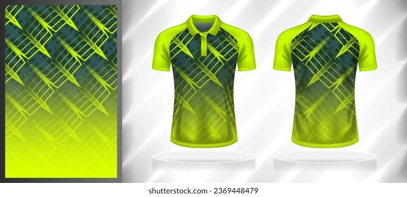 Vector sport pattern design template for Polo T-shirt front and back with short sleeve view mockup. Dark and light shades of green color gradient abstract geometric line texture background.