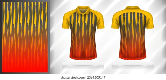 Vector sport pattern design template for Polo T-shirt front and back with short sleeve view mockup. Shades of yellow-orange-red-grey color gradient abstract texture background illustration.