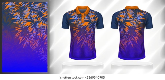 Vector sport pattern design template for Polo T-shirt front and back with short sleeve view mockup. Dark and light shades of blue with orange color gradient abstract grunge texture background.