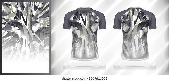 Vector sport pattern design template for V-neck T-shirt front and back with short sleeve view mockup. Dark and light shades of grey-white color gradient abstract texture background illustration.