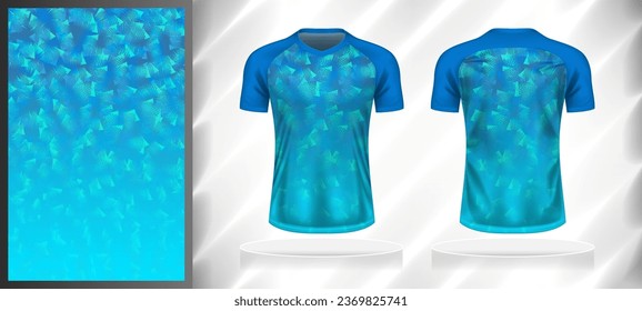 Vector sport pattern design template for V-neck T-shirt front and back with short sleeve view mockup. Shades of blue color gradient abstract grunge texture background illustration.