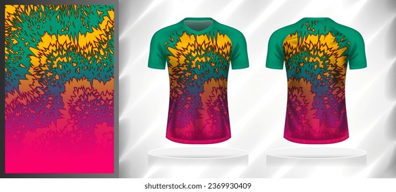Vector sport pattern design template for V-neck T-shirt front and back with short sleeve view mockup. Shades of green-yellow-purple-pink color gradient abstract grunge texture background illustration.