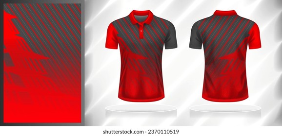 Vector sport pattern design template for Polo T-shirt front and back with short sleeve view mockup. Grey-red color gradient abstract line texture background illustration.