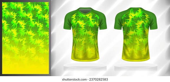 Vector sport pattern design template for V-neck T-shirt front and back with short sleeve view mockup. Shades of green-yellow color gradient abstract grunge texture background illustration.