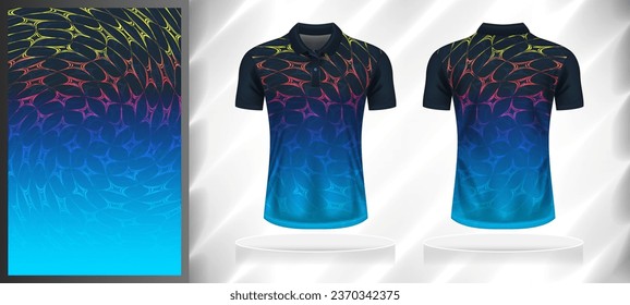 Vector sport pattern design template for Polo T-shirt front and back with short sleeve view mockup. Dark and light shades of blue with yellow-pink color gradient abstract line texture background.