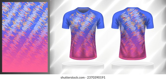 Vector sport pattern design template for V-neck T-shirt front and back with short sleeve view mockup. Shades of blue-pink-yellow color gradient abstract grunge texture background illustration.