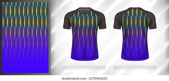 Vector sport pattern design template for V-neck T-shirt front and back with short sleeve view mockup. Shades of grey-blue-purple-yellow color gradient abstract line texture background illustration.