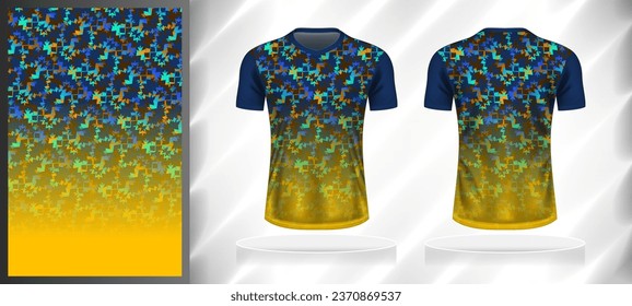 Vector sport pattern design template for V-neck T-shirt front and back with short sleeve view mockup. Dark and light shades of blue-yellow color gradient abstract texture background illustration.