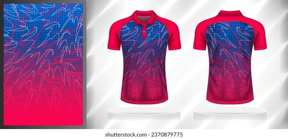 Vector sport pattern design template for Polo T-shirt front and back with short sleeve view mockup. Shades of pink-blue-white color gradient abstract line texture background illustration.