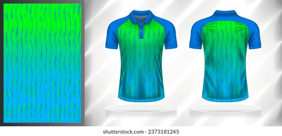 Vector sport pattern design template for Polo T-shirt front and back with short sleeve view mockup. Shades of green-blue color gradient abstract line texture background illustration.