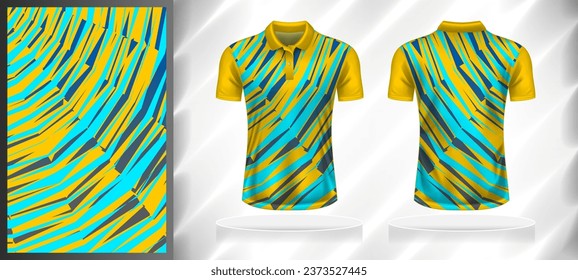 Vector sport pattern design template for Polo T-shirt front and back with short sleeve view mockup. Shades of yellow-blue-grey color abstract texture background illustration.