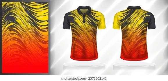 Vector sport pattern design template for Polo T-shirt front and back with short sleeve view mockup. Shades of grey-yellow-red color gradient abstract wave line texture background illustration.