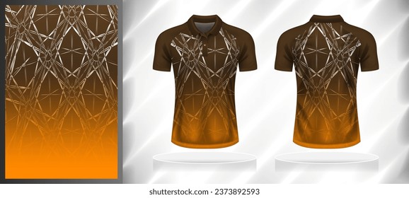 Vector sport pattern design template for Polo T-shirt front and back with short sleeve view mockup. Brown-orange-white color gradient abstract line texture background illustration.