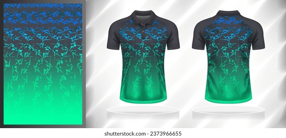 Vector sport pattern design template for Polo T-shirt front and back with short sleeve view mockup. Shades of green-grey-blue color gradient abstract grunge texture background illustration.