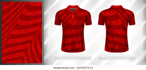 Vector sport pattern design template for Polo T-shirt front and back with short sleeve view mockup. Dark and light shades of red color gradient abstract texture background illustration.