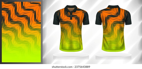 Vector sport pattern design template for Polo T-shirt front and back with short sleeve view mockup. Dark and light shades of green with orange-yellow color gradient abstract texture background.