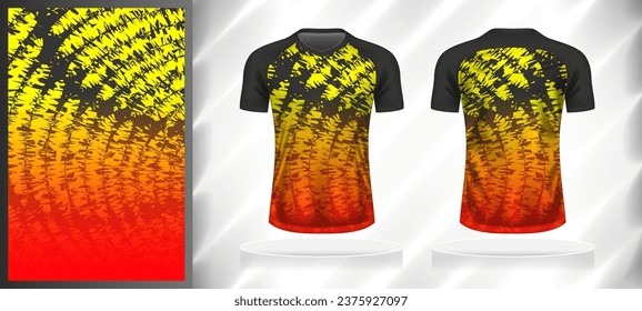 Vector sport pattern design template for V-neck T-shirt front and back with short sleeve view mockup. Shades of grey-black-yellow-red color gradient abstract grunge texture background illustration.