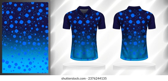 Vector sport pattern design template for Polo T-shirt front and back with short sleeve view mockup. Dark and light shades of blue color gradient abstract geometric rounded square texture background.